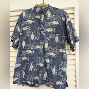 Casual Blue and Cream Fish Print Button Down Shirt Aloha shirt L